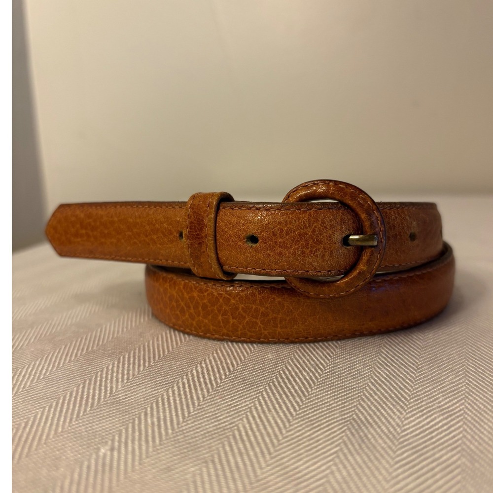 Vintage Polo Ralph Lauren XS 28" Brown Pebbled Leather Skinny Belt 2063 Brass